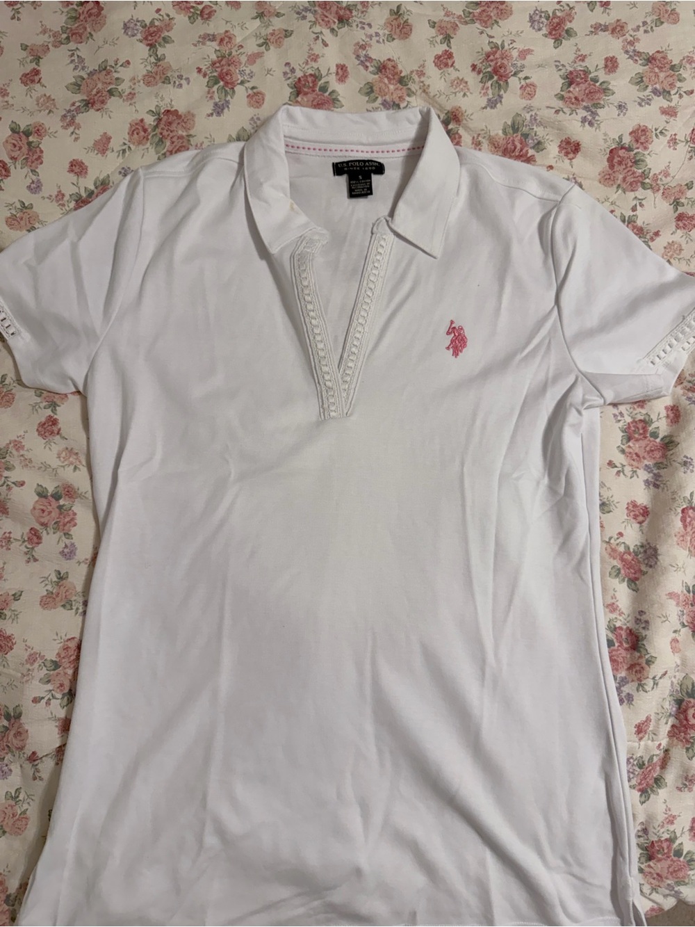 U.S. POLO ASSN. White Short Sleeve Polo with Pink Pony Embroidery